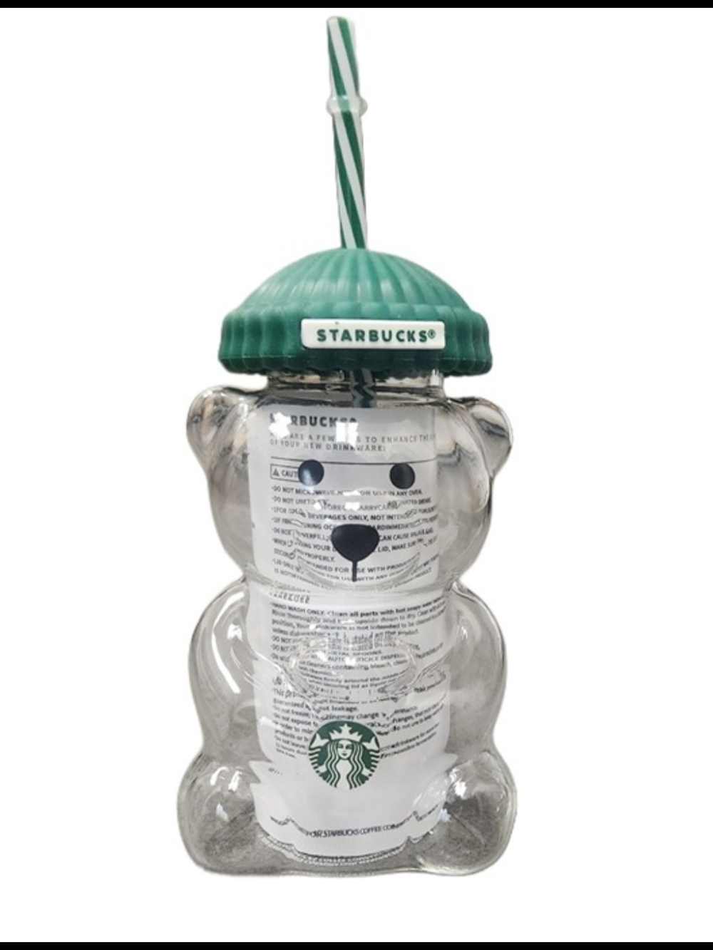 Starbucks Bear-Shaped Clear Drink Tumbler with Green Lid NIB